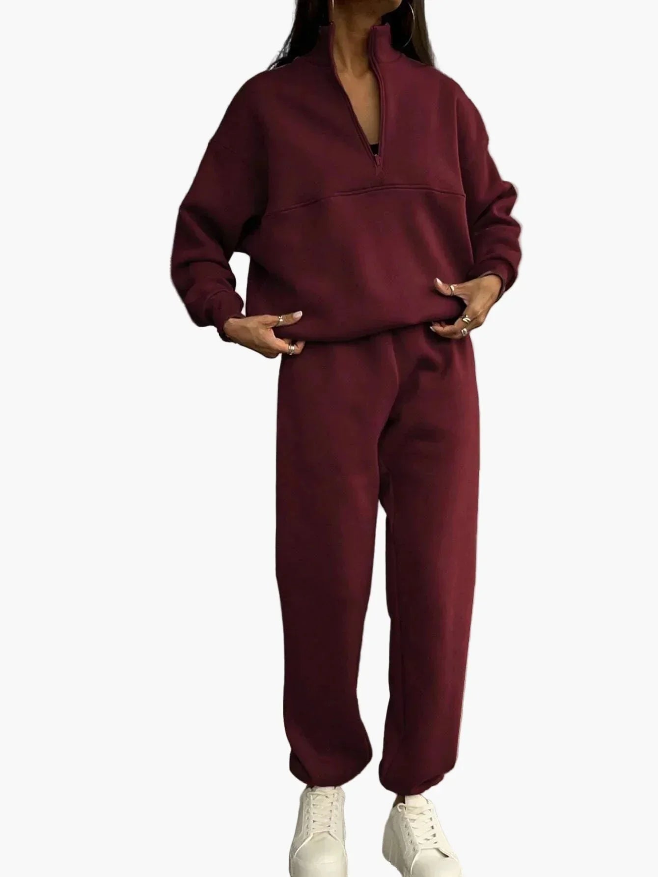 Women's two-piece tracksuit stand-up collar zip-up jacket elastic waistband sporty-elegant casual set