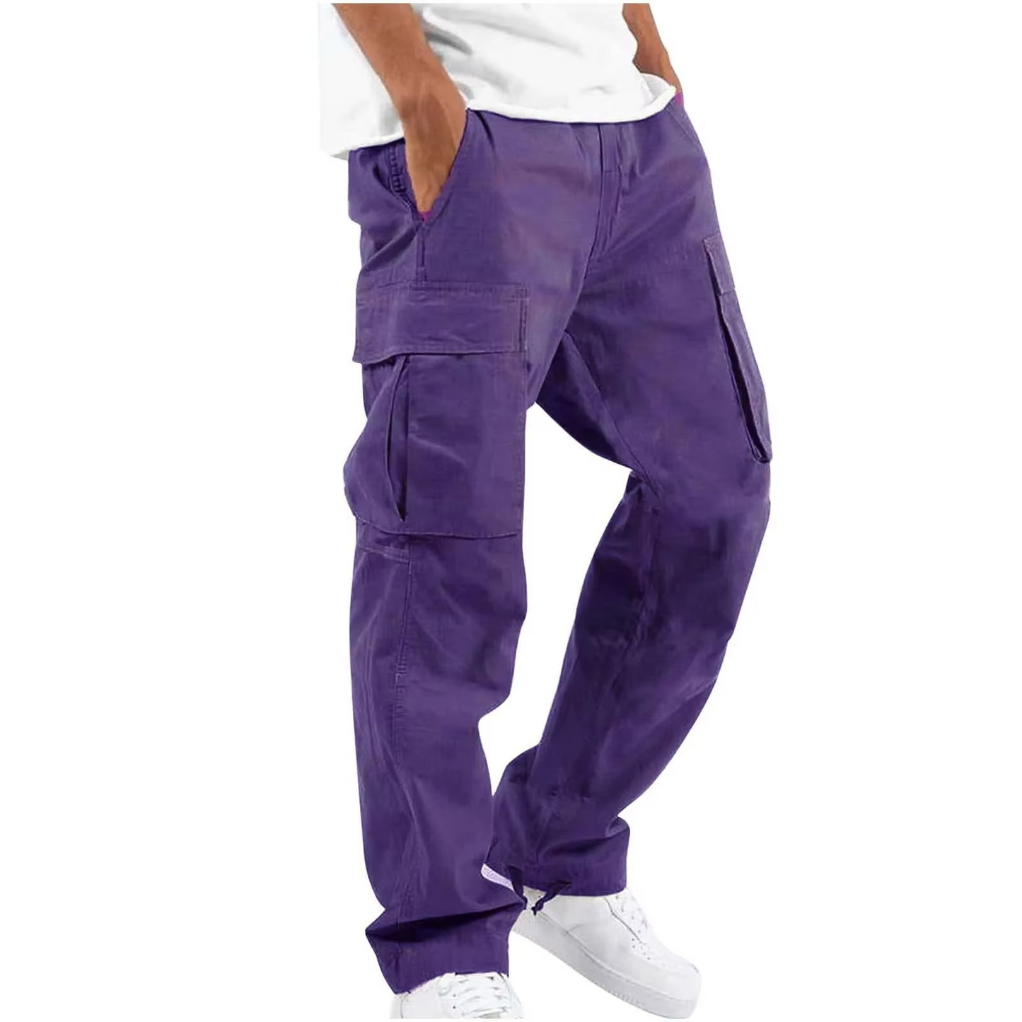 Men's black cargo pants with adjustable drawstring waist and rugged multi-pocket design for everyday wear