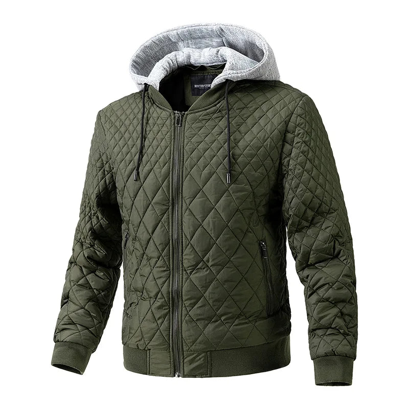 Men's quilted hooded bomber jacket regular fit full zip ribbed cuffs casual winter outerwear