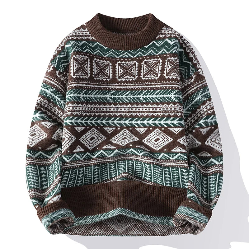 Unisex geometric vintage knit sweater relaxed fit with intricate retro pattern for everyday layering