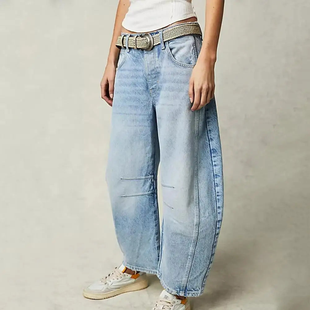 Women's relaxed fit barrel leg animal print full-length denim jeans with bold wild pattern