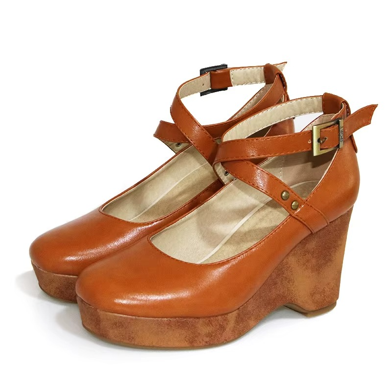Brown chunky platform Mary Jane heels with buckle strap, gothic-inspired block heel for women