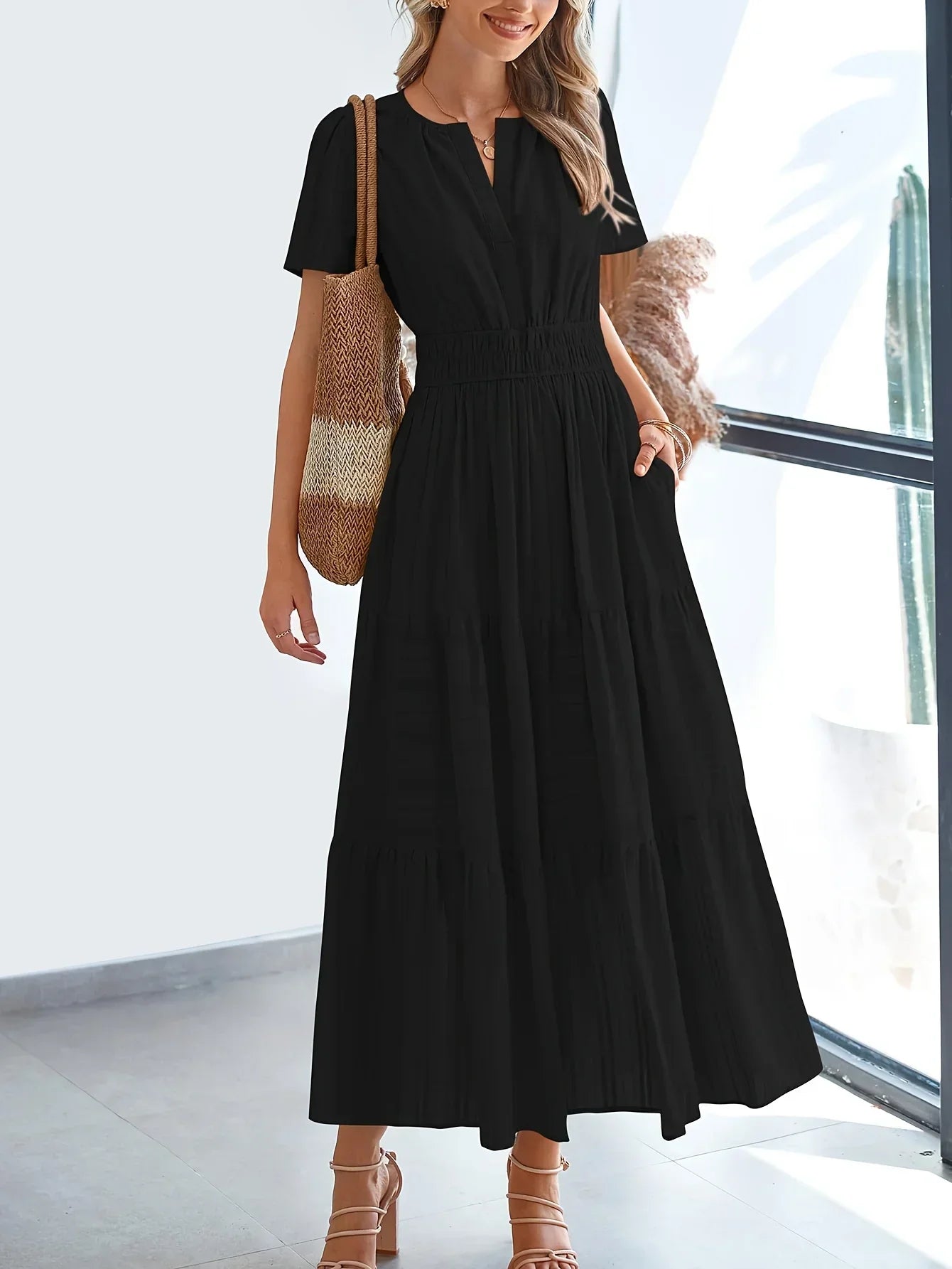 Nevaeh modest maxi dress women floral breathable floor-length V-slit neckline short sleeves summer