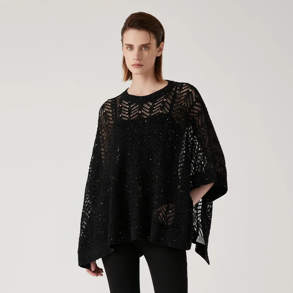 Women's natural linen crochet top relaxed fit open-weave knit with subtle sequin accents