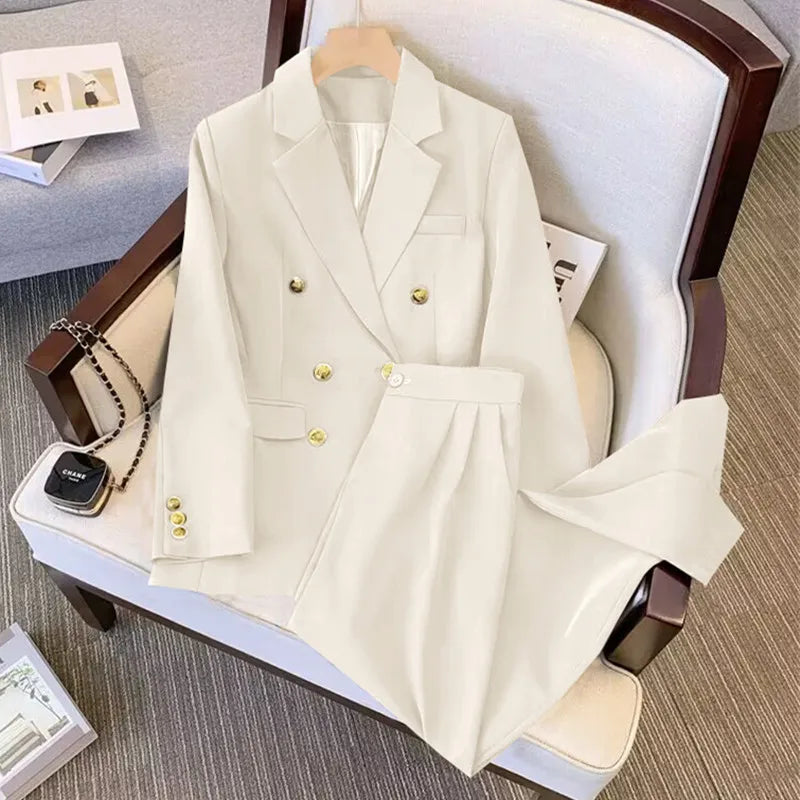 Women's classic double-breasted two-piece suit set in elegant cut for professional styling