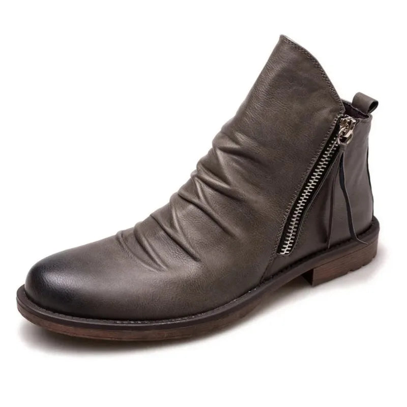 Men's black faux leather ankle boots ruched burnished toe side zip urban style