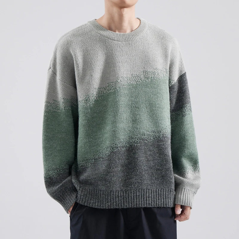Gradient crewneck knit sweater unisex relaxed fit tonal fade soft ribbed texture everyday casual style