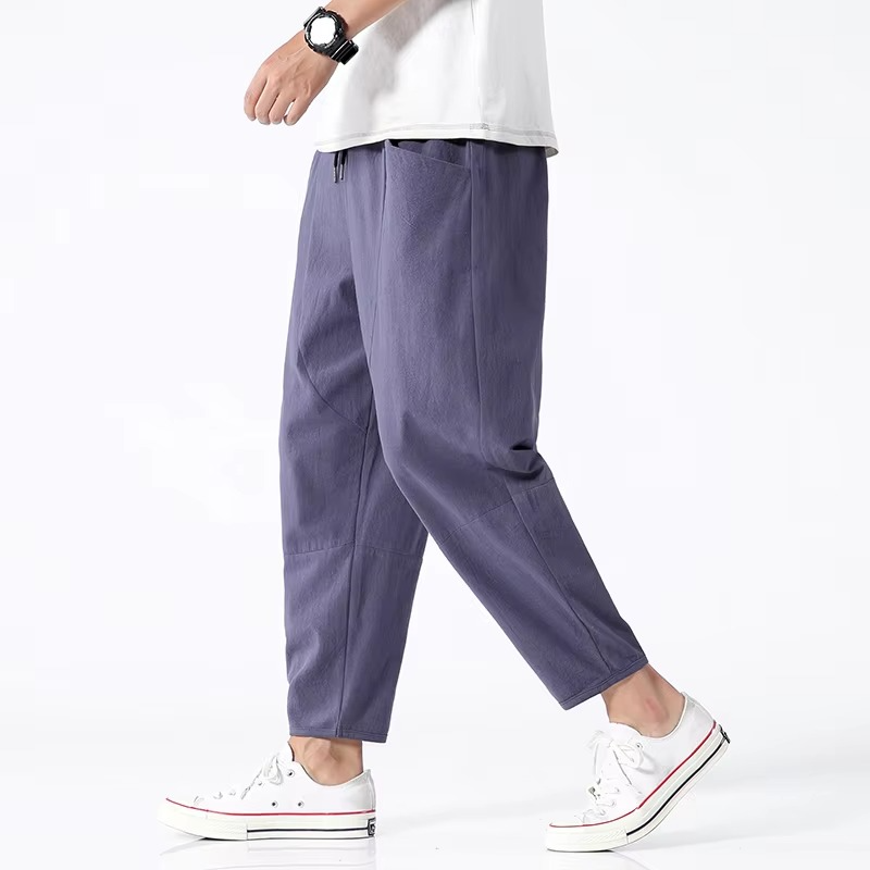Men's cotton Japanese-style cropped pants in loose casual fit, breathable lightweight summer wear up to 5XL