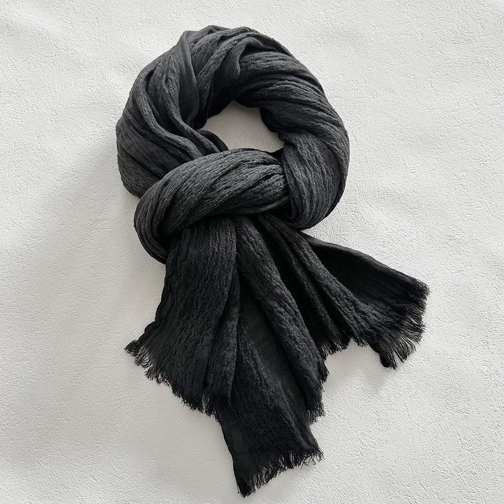 Lily linen long loose women's scarf, crinkled texture, frayed edges, effortless fall casual style