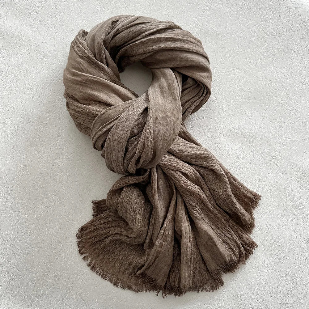 Lily linen long loose scarf for women, crinkled texture and frayed edges, relaxed everyday style