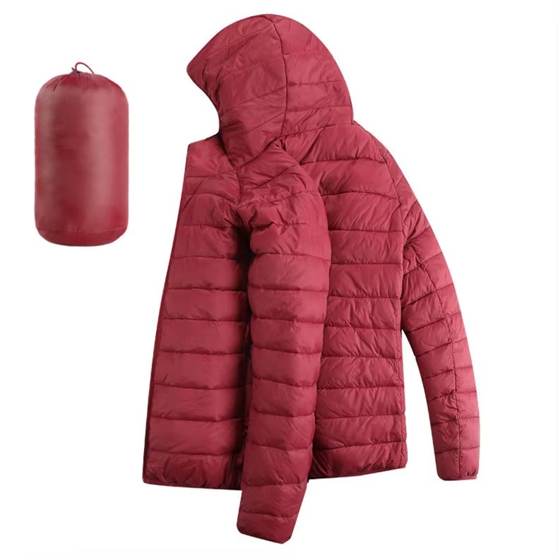 Men's lightweight hooded cotton down parka with zip pockets, slim casual cut for winter warmth
