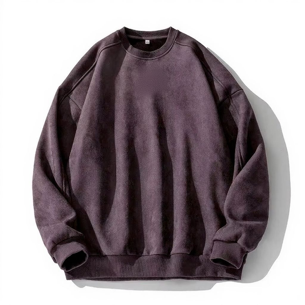 Men's faux suede oversized pullover sweatshirt, relaxed vintage fit with soft velvety texture