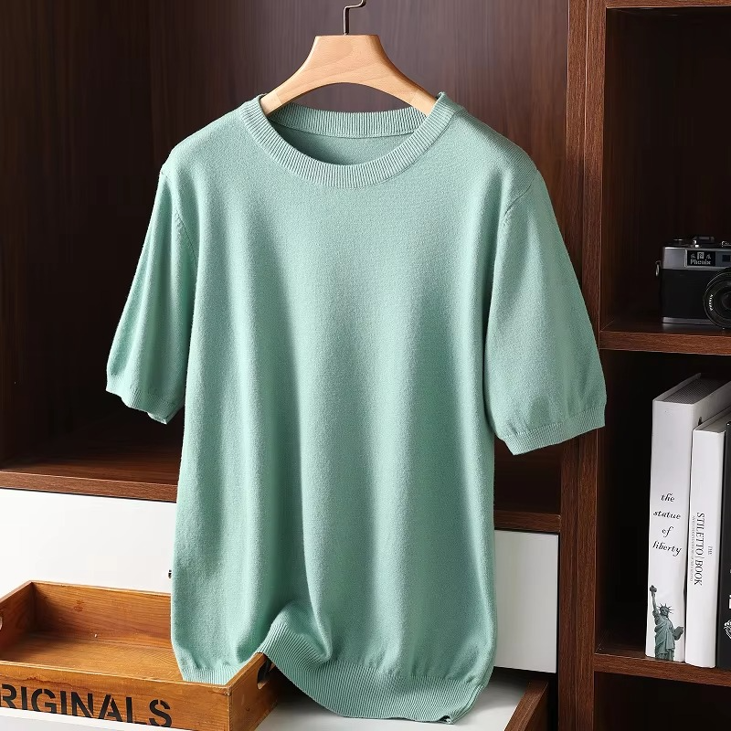 Men's ivory cashmere short sleeve O-neck sweater, lightweight fine-knit luxury pullover with clean minimalist cut