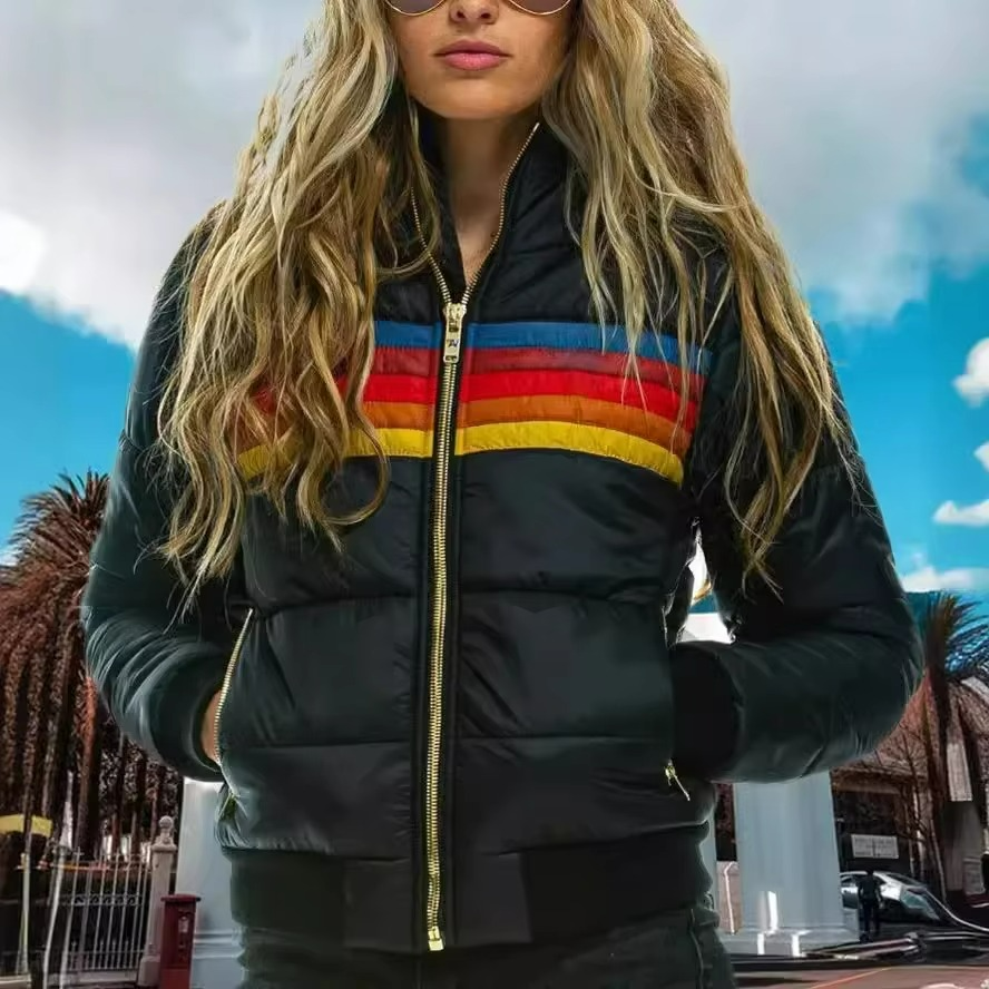Women's striped color block puffer jacket with high collar and ribbed cuffs for cold weather