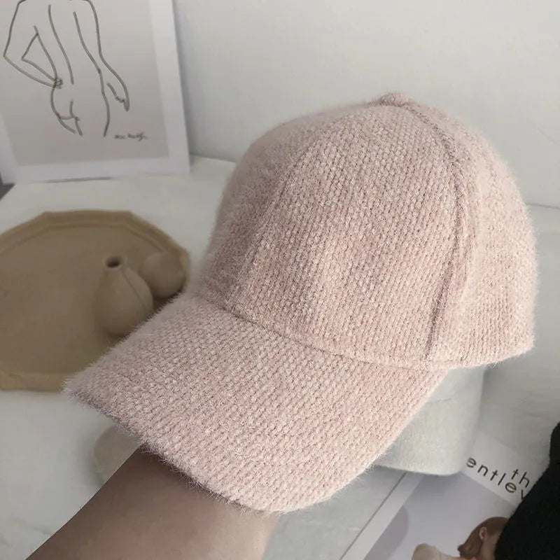 Women's solid color baseball cap with cozy cony hair trim, autumn winter warm fashion accessory