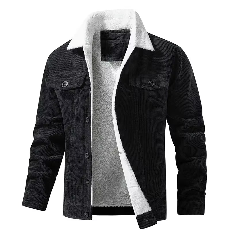 Men's navy corduroy fleece-lined winter jacket with textured shell and warm utility fit
