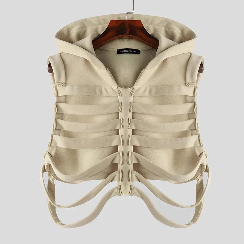 Lightweight black hooded vest deconstructed ribcage design for effortless layering