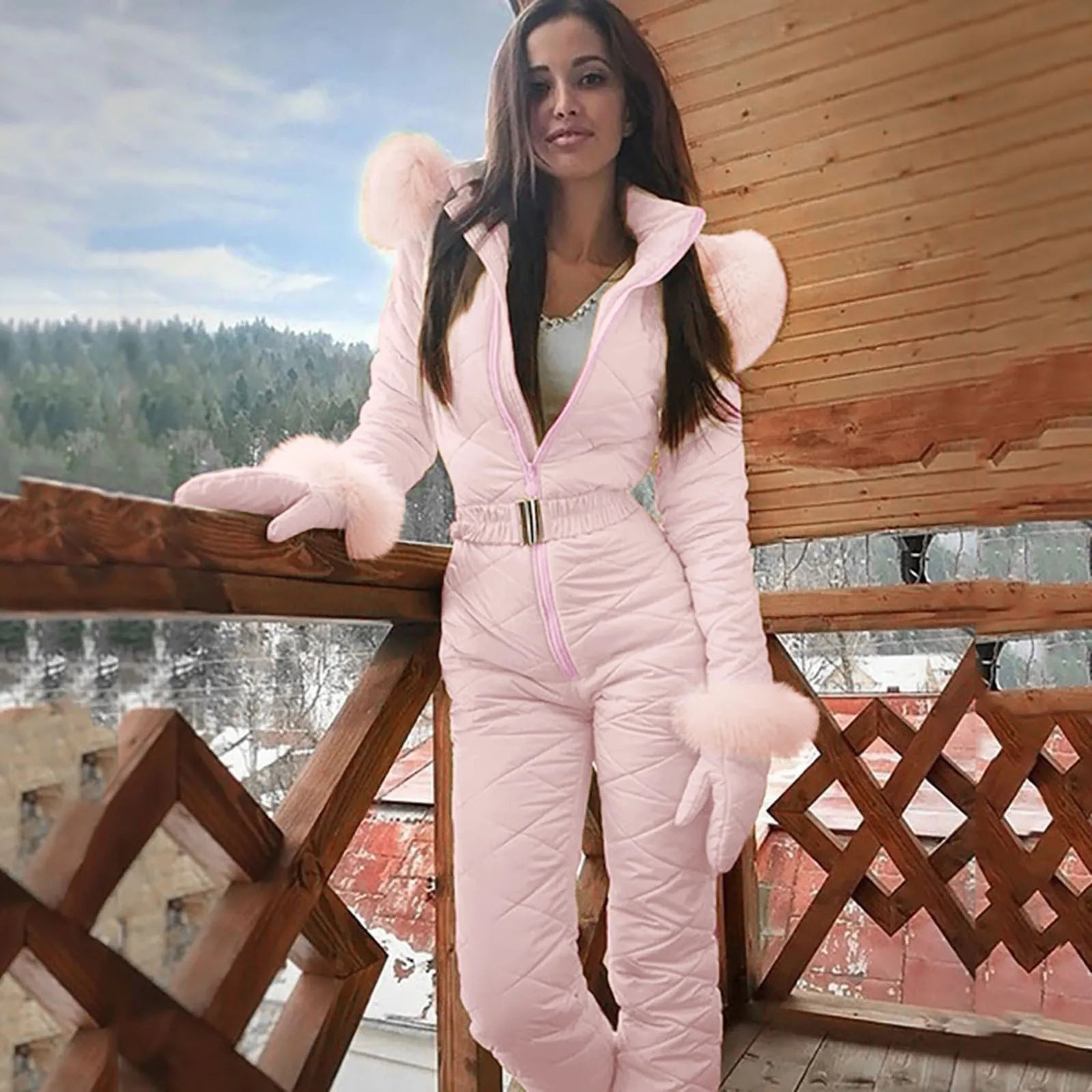 Women's elegant insulated winter jumpsuit in neutral tone, slim flattering silhouette with cold-weather protection