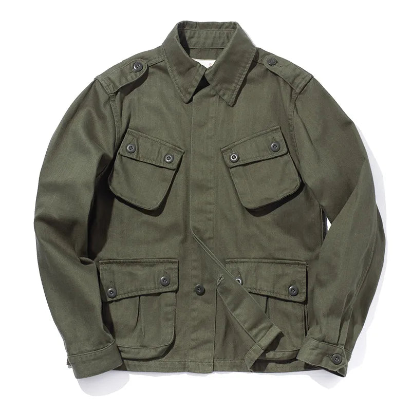 Men's olive military M42 paratrooper jacket with vintage cut and multiple spacious utility pockets