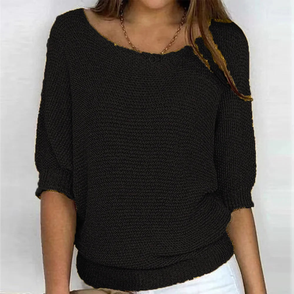 Women's loose fit round neck knit sweater three-quarter sleeves soft cozy everyday essential