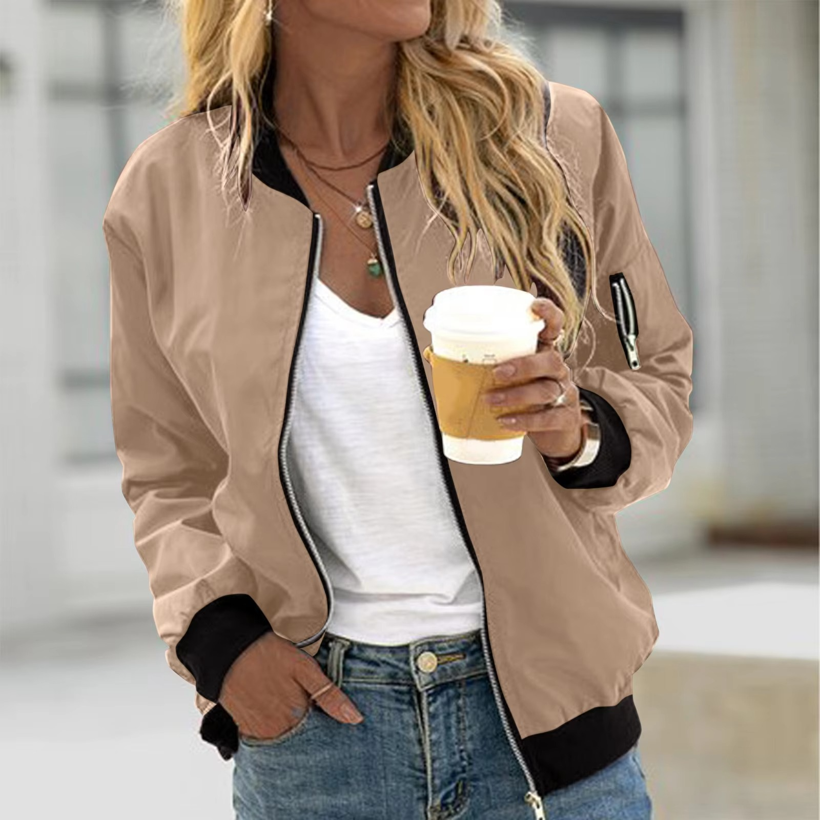 Women's mock neck bomber jacket zip-up outdoor coat lightweight modern silhouette for hiking all seasons