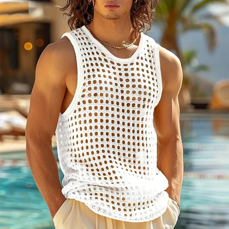 Men's white open-knit mesh tank top tailored fit breathable cotton blend textured weave
