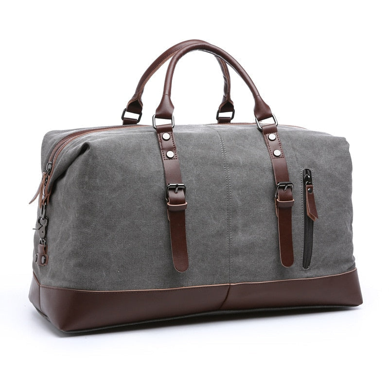 Men's structured leather duffel bag in classic brown, travel-ready with secure top zip closure