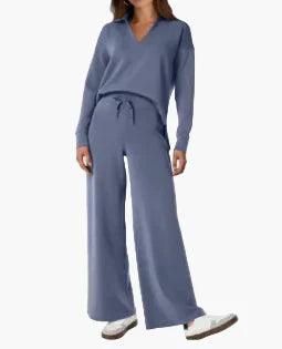 Women's sage green lounge set wide leg pants V-neck collar top relaxed travel comfort style