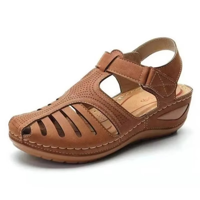 Women's beige orthopedic wedge sandals with built-in bunion corrector and cushioned casual flat sole