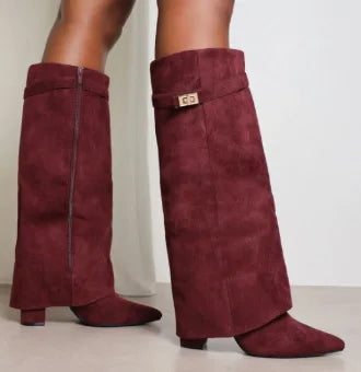 Women's black leather thigh-high boots with buckle detail, elegant city style, comfort fit