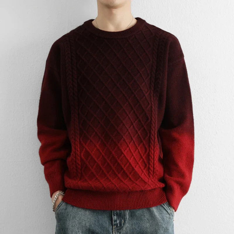 Gradient diamond cable-knit sweater with subtle color fade, cozy relaxed fit for modern casual wear
