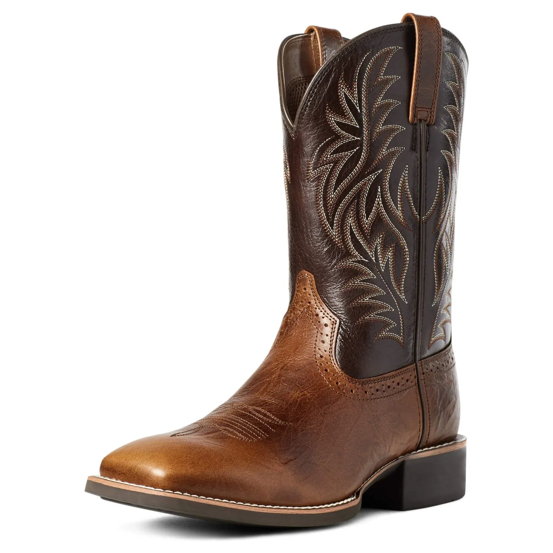 Men's brown leather western cowboy boots with pointed toe and decorative stitching detail
