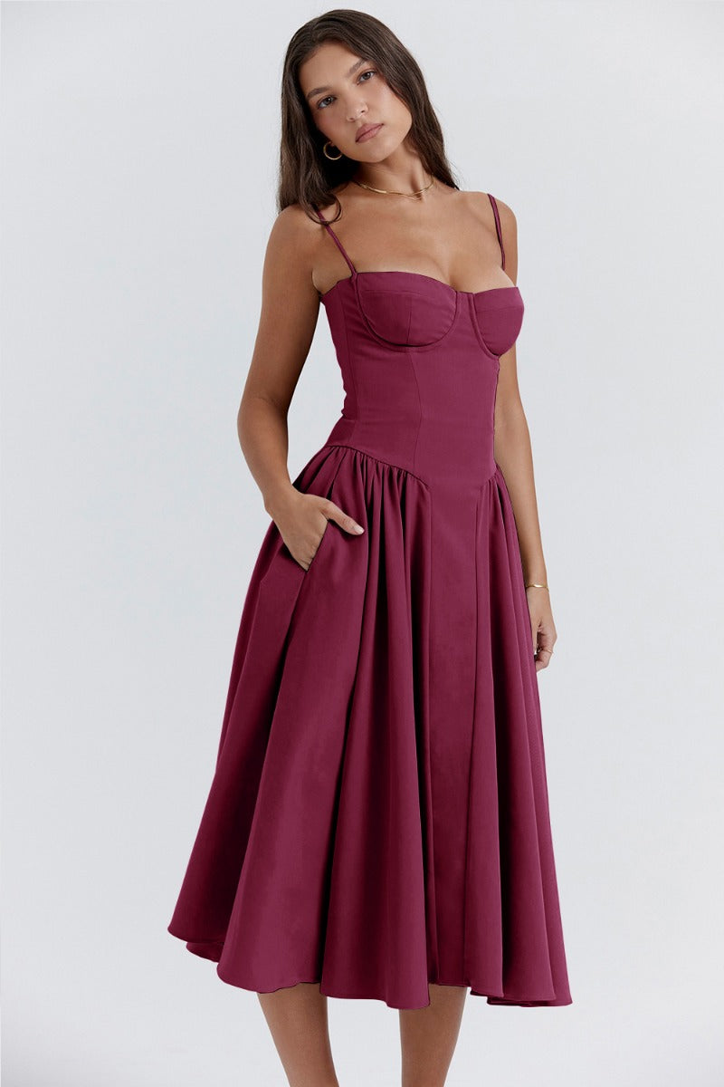 Sleeveless midi dress with corset cut waist, elegant silhouette-enhancing style for women occasion wear
