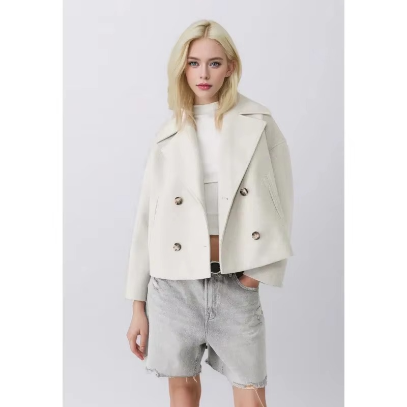 Women's short wool blend coat with double button front and chic turn-down collar in autumn style