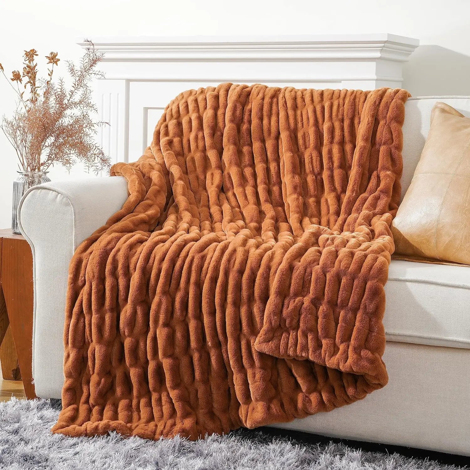 Versailles faux rabbit fur throw blanket, ultra-plush velvet texture in muted tones for cozy home decor