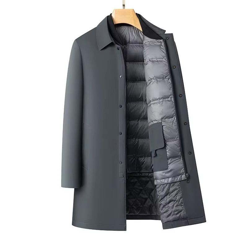 Men's mid-length black down jacket with plush lining, detachable inner layer, sleek commuter style