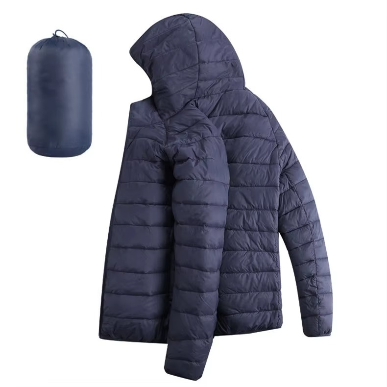 Men's lightweight hooded cotton down parka with zip pockets, slim casual cut for cold weather