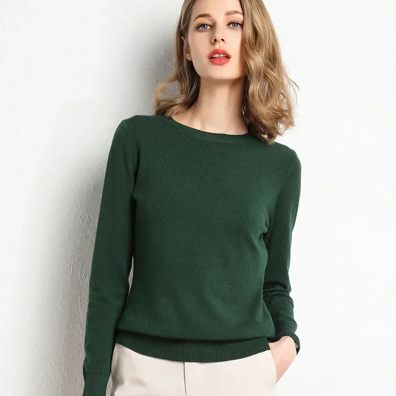 Women's slim fit ribbed knit wool blend sweater with O neckline in cozy everyday style
