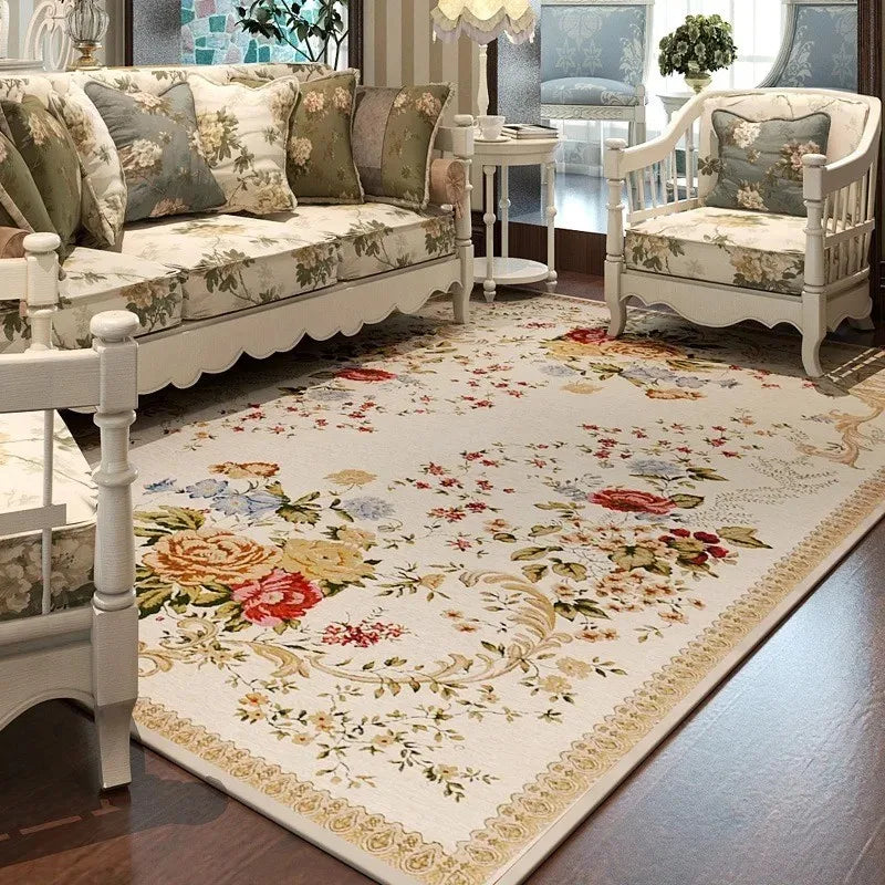 Retro floral large area rug soft machine washable floor mat vintage bloom print kids-friendly
