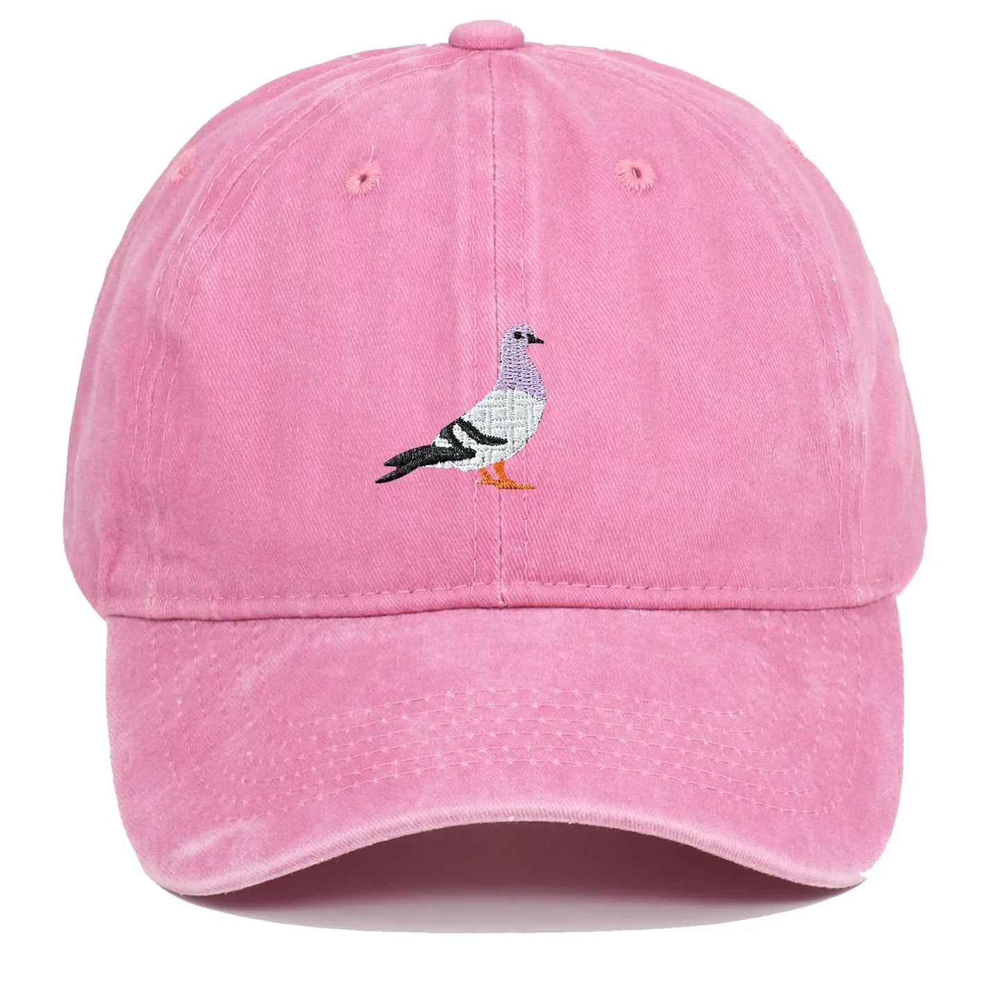 Washed cotton unisex cap in vintage tones with embroidered pigeon motif and adjustable fit