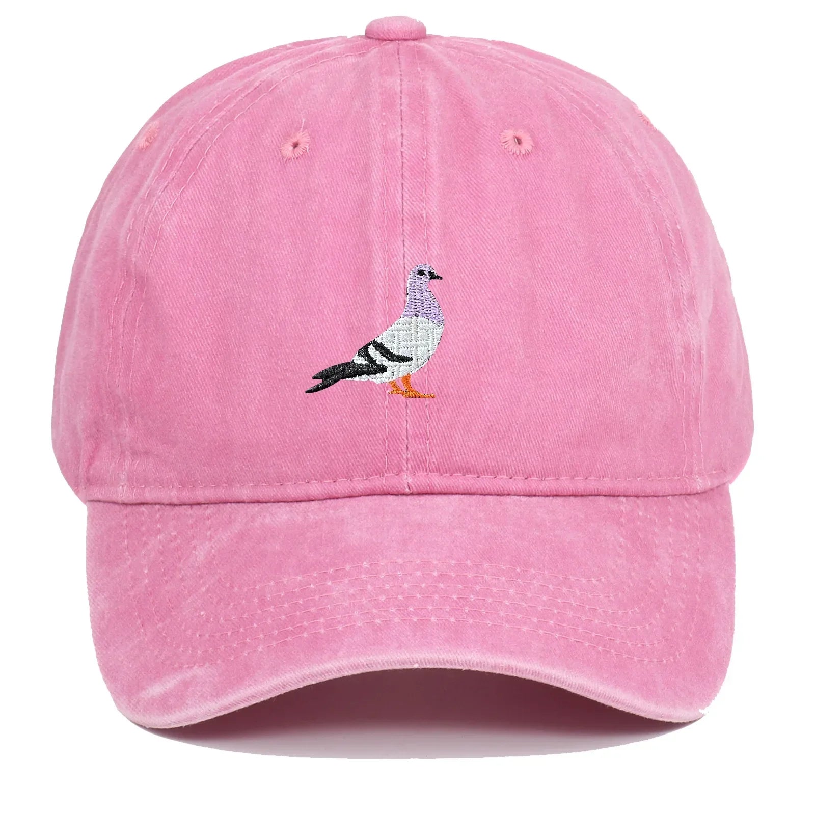 Washed cotton unisex cap in vintage tones with embroidered pigeon motif and adjustable fit