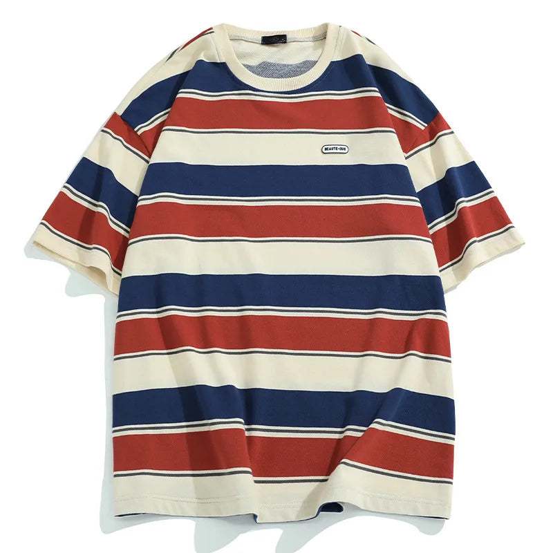 Oversized unisex striped crewneck tee in bold horizontal stripes, cotton-blend stretch for relaxed casual wear