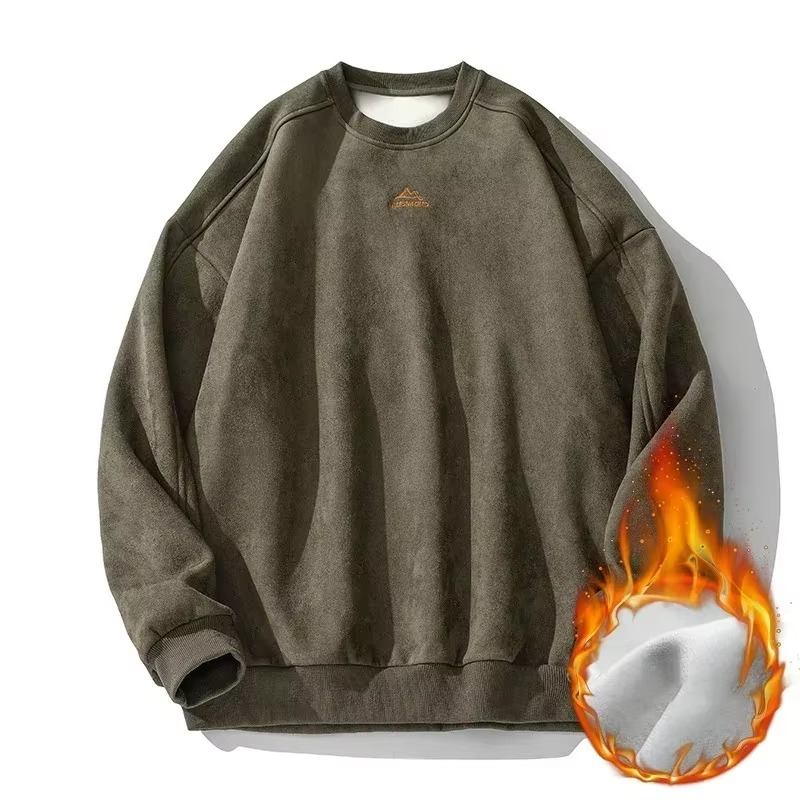 Men's faux suede oversized pullover sweatshirt, relaxed vintage fit with velvety soft texture