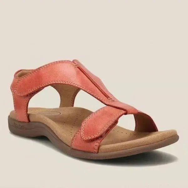 Beige adjustable strap sandals with contoured footbed and open-toe design for all-day comfort
