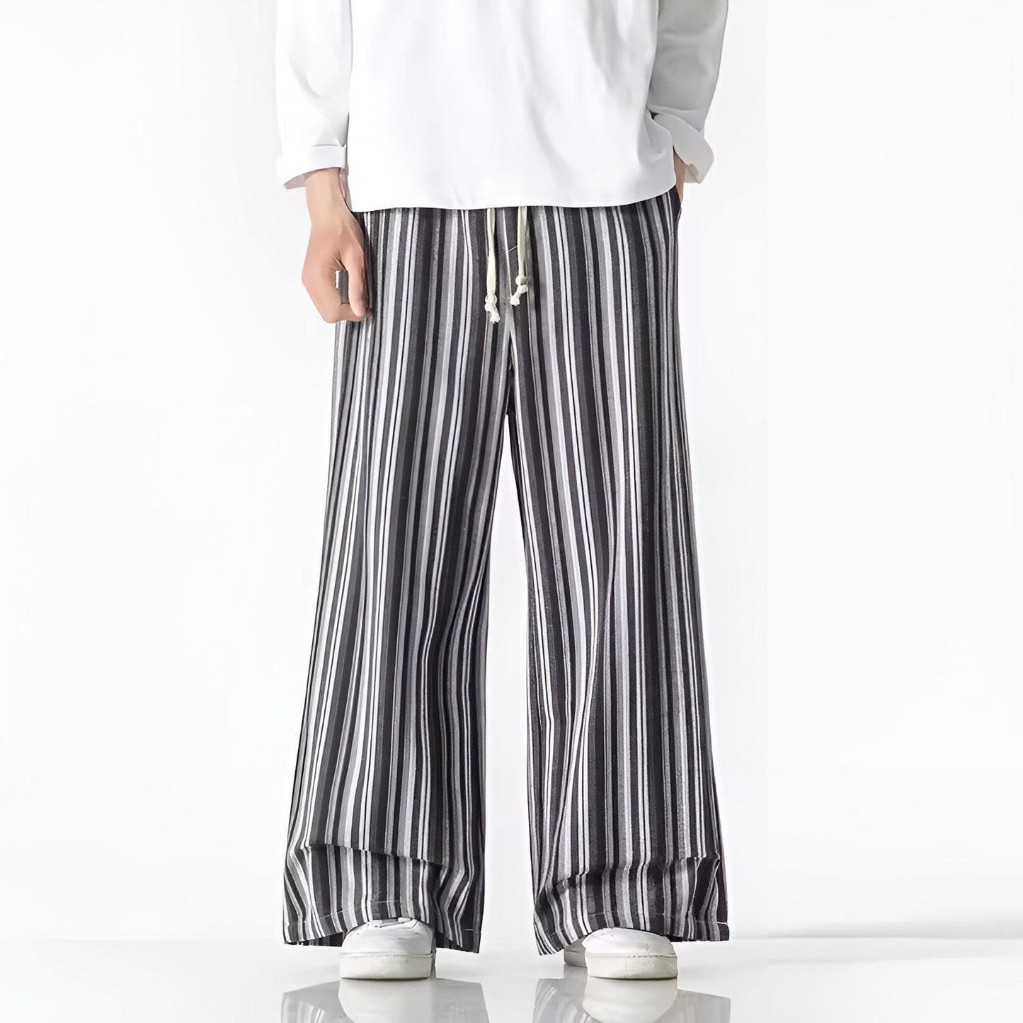 Women's wide-leg cotton pants, elastic waist, relaxed striped design in breathable oversized silhouette