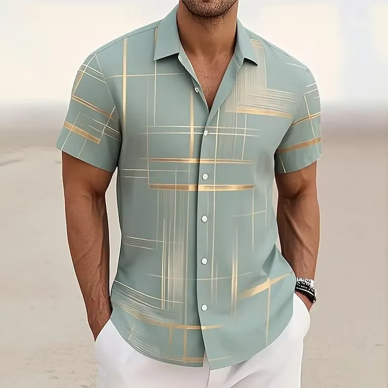 Men's short sleeve button-down shirt bold 3D geometric plaid print breathable casual modern fit