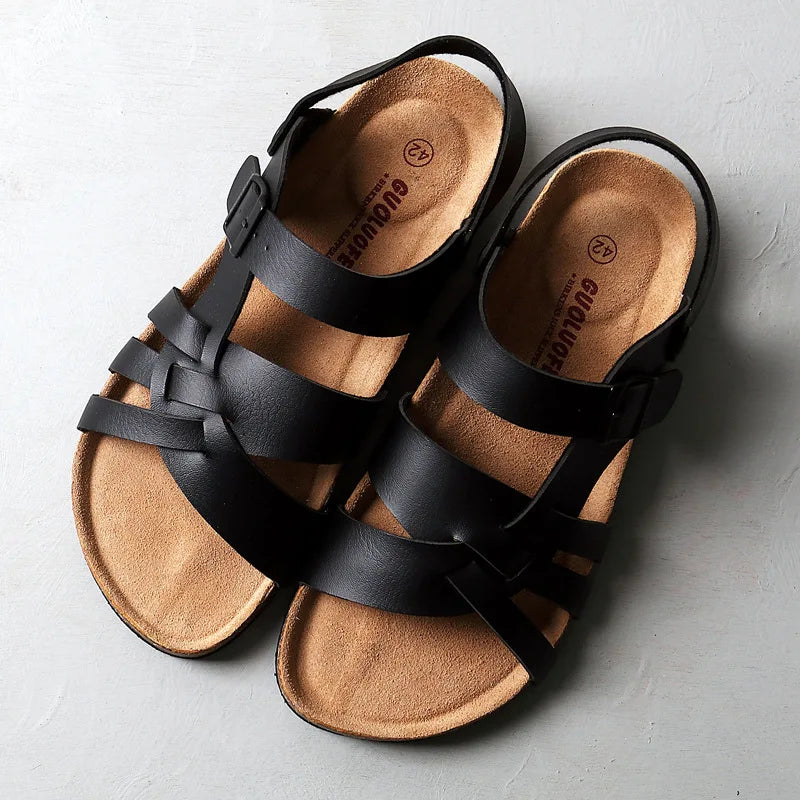 Samoa brown leather sandals with suede lining and cushioned cork footbed for everyday comfort