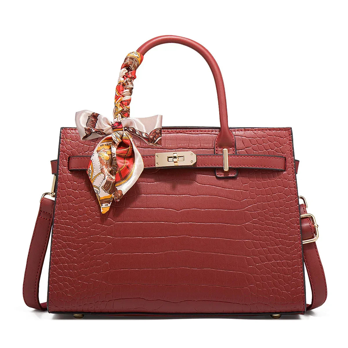 Midi structured vegan leather croc-embossed handbag in neutral tone with silk scarf accent and gold buckle