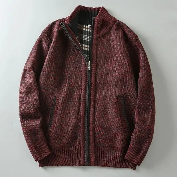 Rustic textured knit sweater fleece-lined interior cold weather everyday wear refined casual style