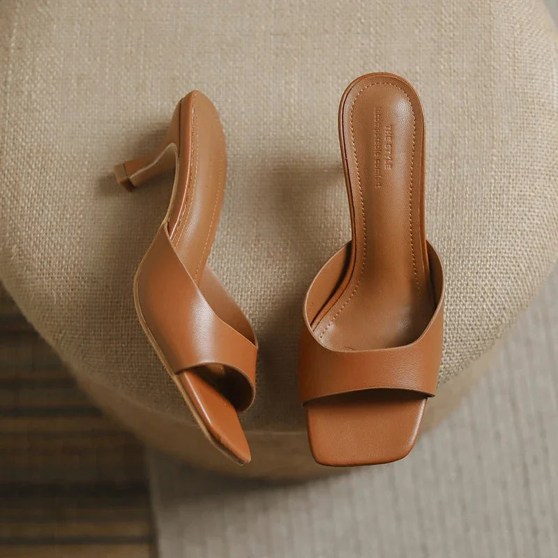 Women's brown Victorian leather heel sandals with vintage-inspired straps and premium soft leather construction